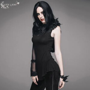 tričko gotický and punk DEVIL FASHION In Flux Gothic Top With Mesh Panel And Lace Čierna