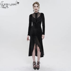 šaty dámske DEVIL FASHION - Black Vintage Gothic Velvet Slit Long Sleeve Fishtail Party - ESKT039